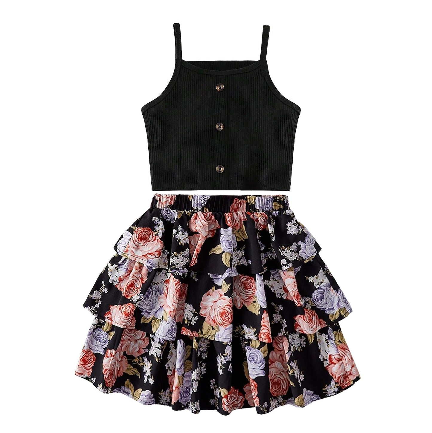 Wholesale Girls' Summer 2 piece outfit, black camisole top printed cake short skirt two-piece suit 7-13 Years