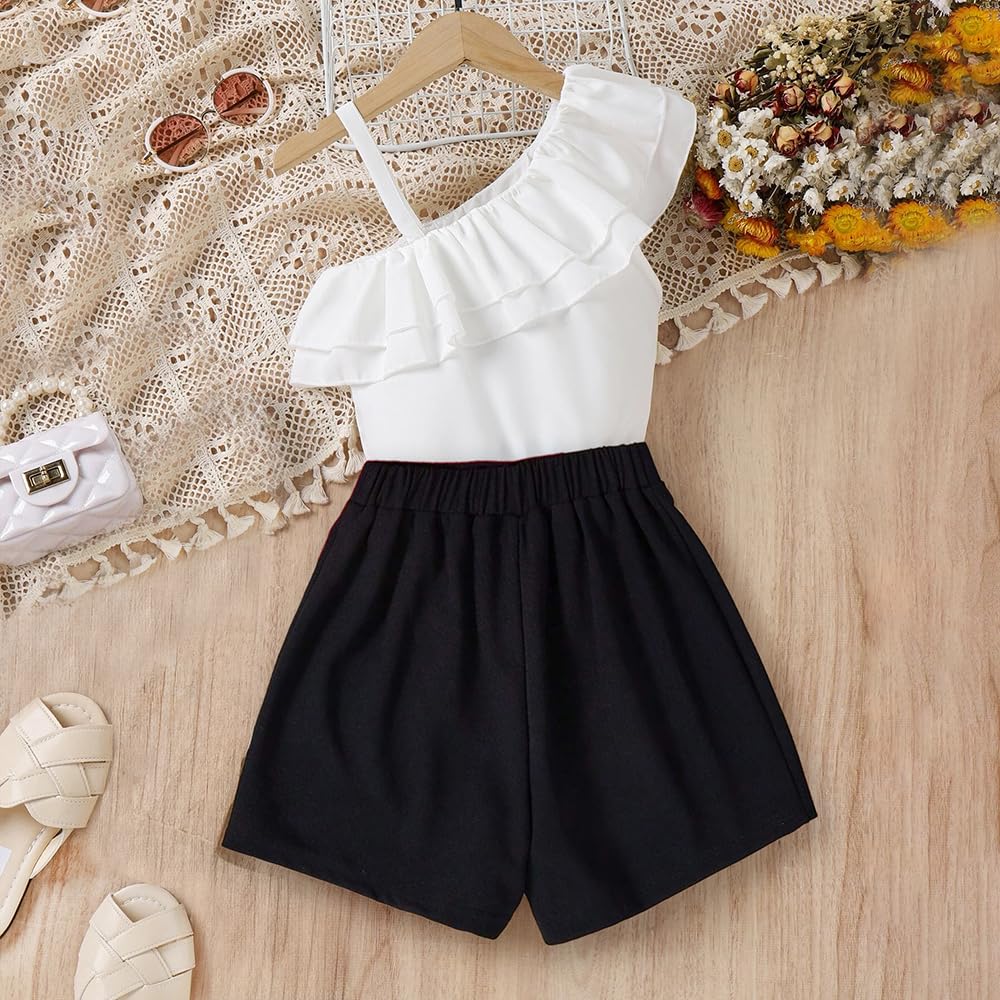 Wholesale Girls' Summer 2 Piece Shorts Set Ruffle Edge Off Shoulder Sleeveless T-shirt and Folded Hem Button Shorts Outfits Set