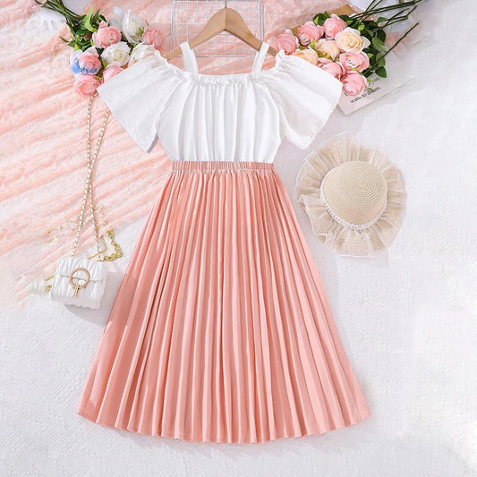 Wholesale Girl's Casual Dress with White Lace Sleeves Off-The-Shoulder Top Pink Pleated Long Dress for 8-12Y