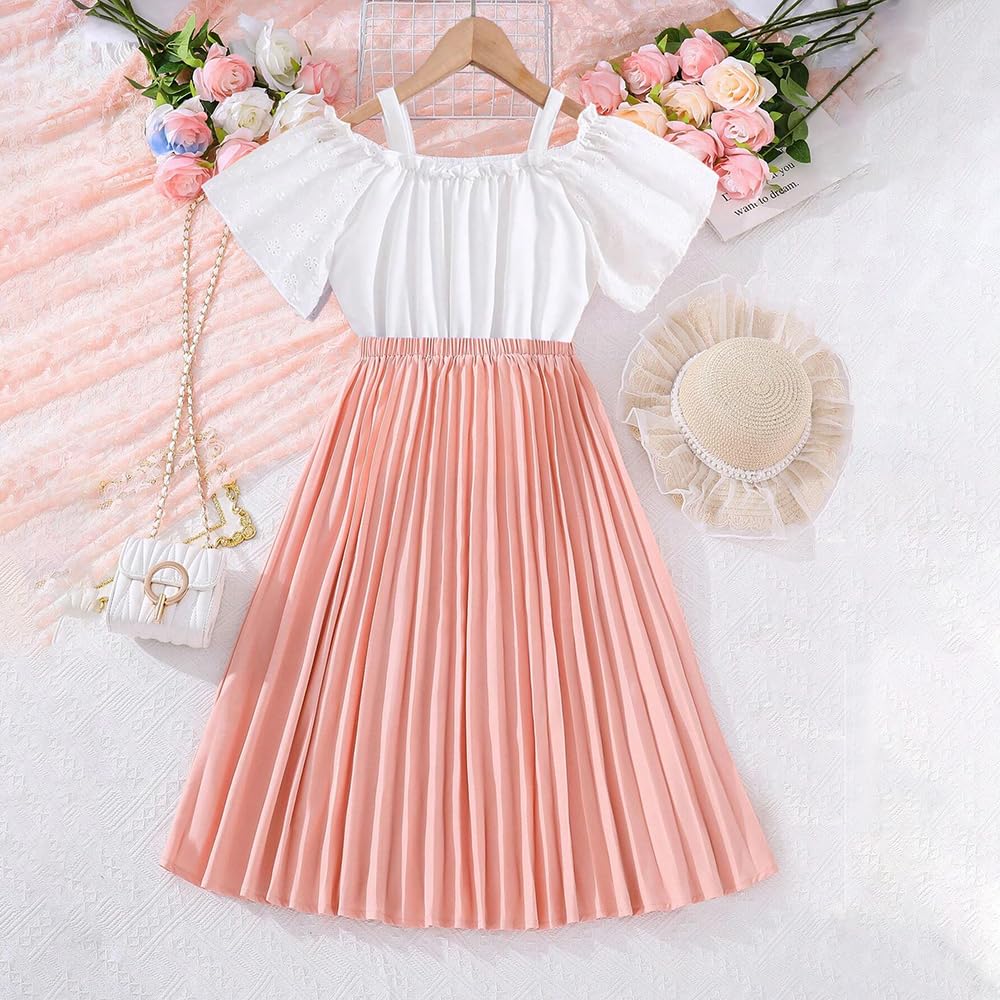 Wholesale Girl's Casual Dress with White Lace Sleeves Off-The-Shoulder Top Pink Pleated Long Dress for 8-12Y