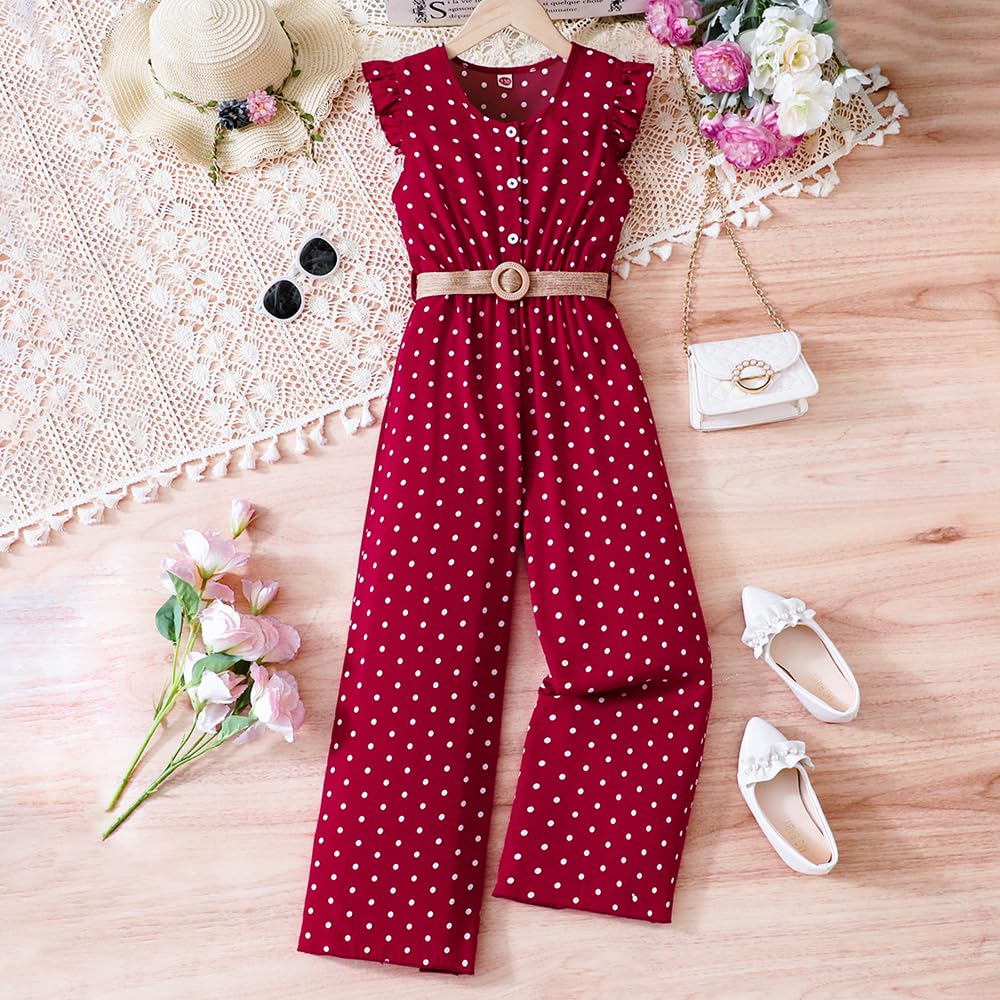 Wholesale Girls' Casual Ruffle Edge Sleeveless Polka Dot Jumpsuit Fashion Cap Sleeve Belted Wide Leg Romper 1 Piece Outfits Set