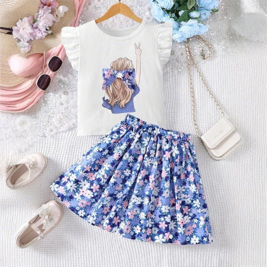 Wholesale Girls' 2 piece outfit, white ruffle sleeves printed top, blue floral skirt, skirt skirt set 8-12 Years