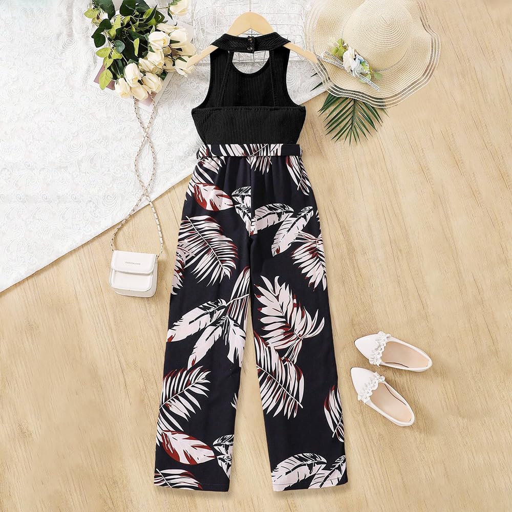 Wholesale Girls 2 Pieces Outfits Kids Black Sleeveless Neckline Top and Printed Pants Set 8-12 Years