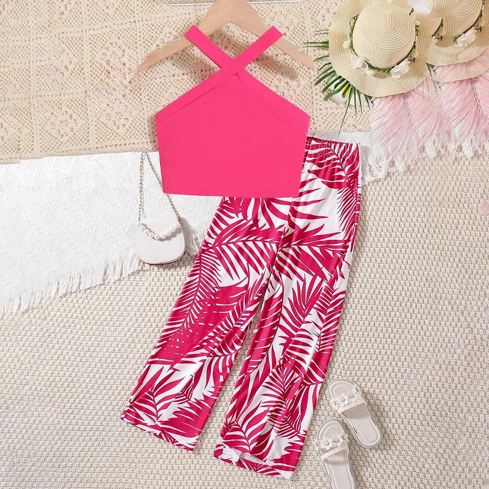 Wholesale Girl's Summer 2 Piece Outfits Rose Red Cross Vest Tank and Top Leaf Printed Pants Clothes Set 8-12 Years