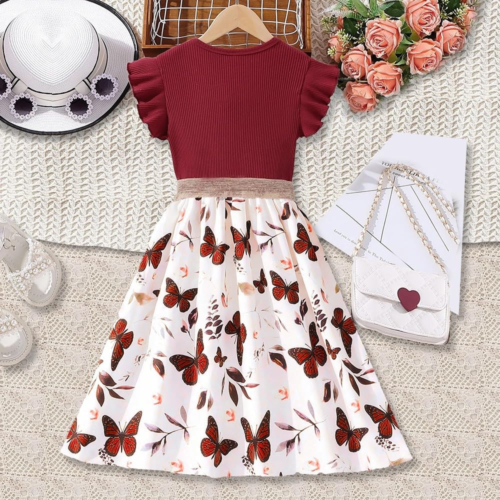 Wholesale Girls' Dress, Round Neck Floral Cuffs A-line Long Dress Butterfly Print Dress Female Children's Dress 8-12 Years