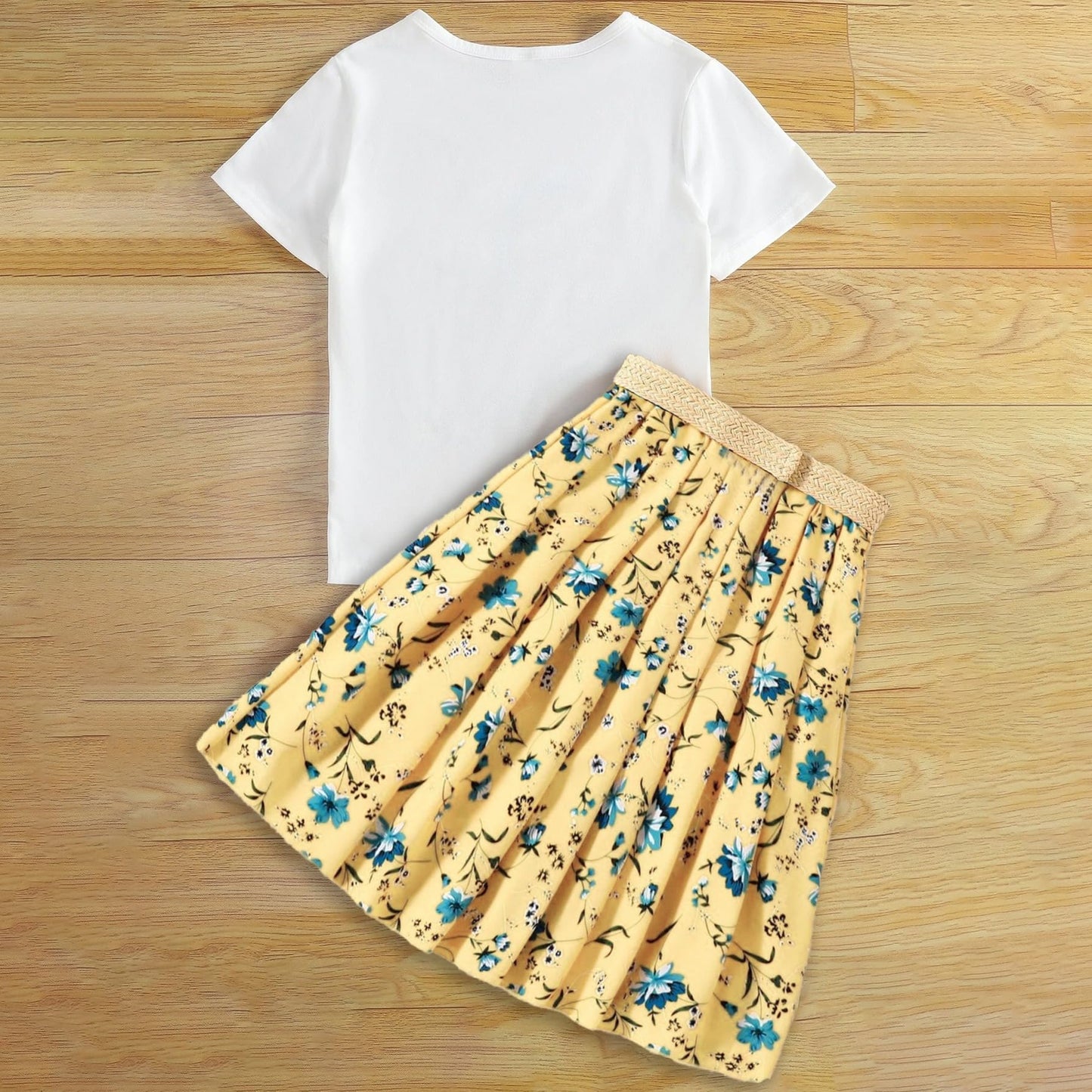 Wholesale Girl's 2 Pieces Outfits - White Character Print T-shirt Top and Yellow Floral Pleated Skirt Set 8-12 Years