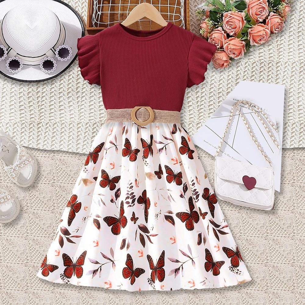 Wholesale Girls' Dress, Round Neck Floral Cuffs A-line Long Dress Butterfly Print Dress Female Children's Dress 8-12 Years