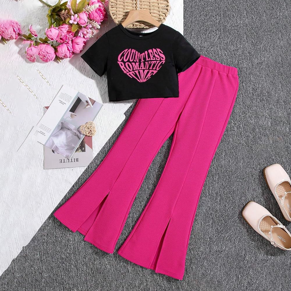 Wholesale Girls' Summer 2 Piece Outfit Pants kit, Heart Pattern T-shirt and Split Hem Flared Pants Clothing Set Size 8-12 Years