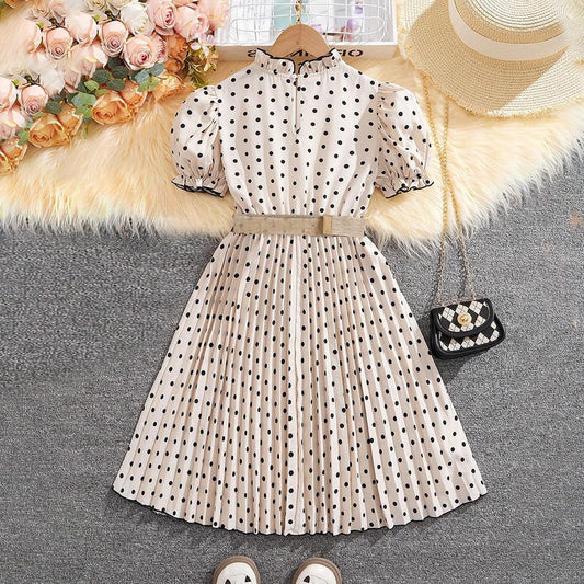 Wholesale Girls' Dress, Lace Collar Round Dot Printed Dress, Summer Dress for 8-12 Years