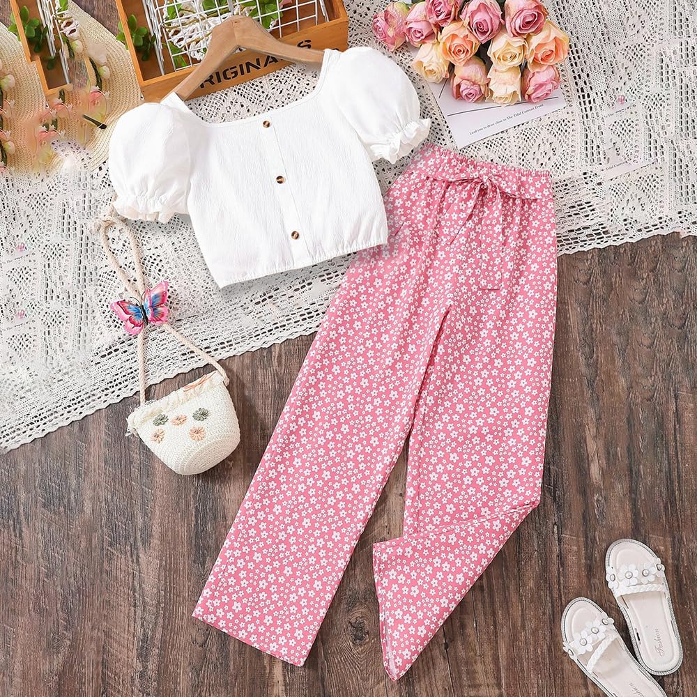 Wholesale Girls' Summer Outfit Bubble Sleeve Top and Petals Printed Pants 2 Piece Casual Clothing Set 8-12 Years