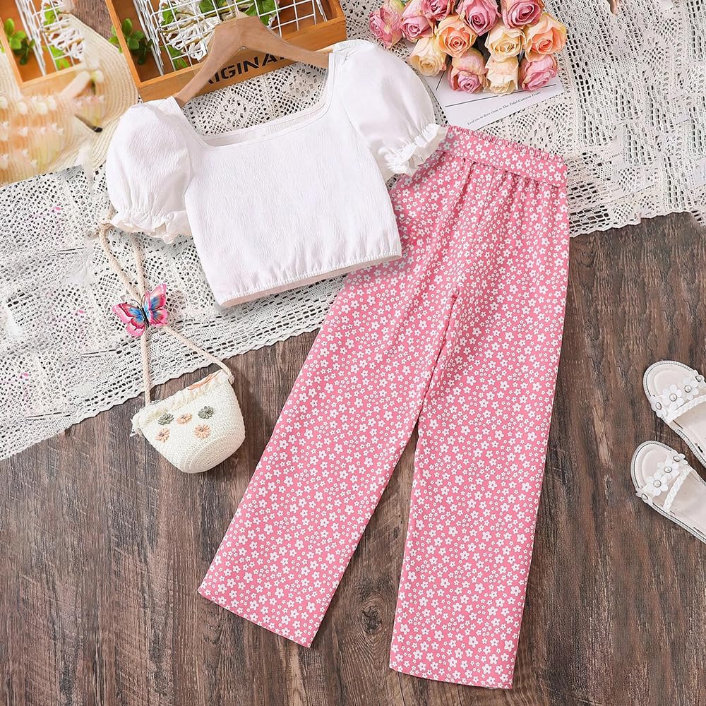 Wholesale Girls' Summer Outfit Bubble Sleeve Top and Petals Printed Pants 2 Piece Casual Clothing Set 8-12 Years