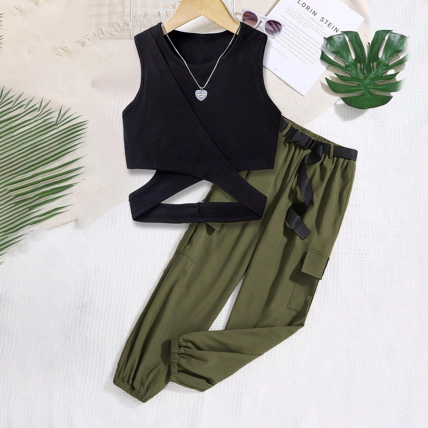 Wholesale Girls' Summer 2 Piece Outfit Pants kit,  Black Hollow V-neck T-shirt Crisscross Tank Top and Military Green Tapered Pants 2 Pockets 8-12 Years