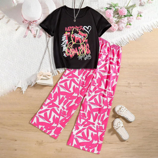 Wholesale Girls' Summer 2 Piece Outfit Pants kit, Heart Pattern T-shirt and Split Hem Flared Pants Clothing Set Size 8-12 Years